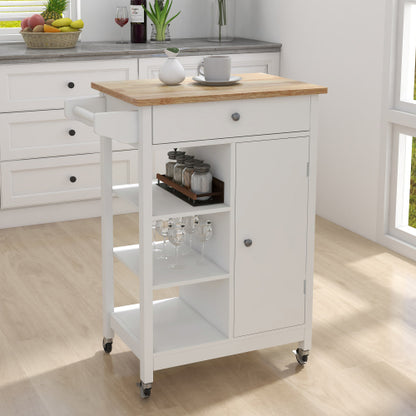 Mobile Rubber Wood Top Kitchen Island Cart With Towel Rack Lockable Universal Wheels