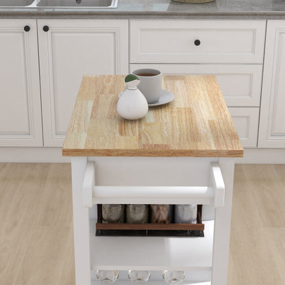 Mobile Rubber Wood Top Kitchen Island Cart With Towel Rack Lockable Universal Wheels