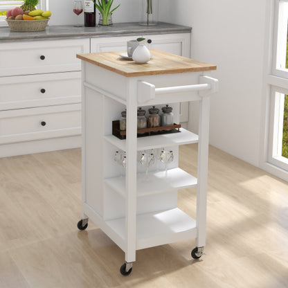 Mobile Rubber Wood Top Kitchen Island Cart With Towel Rack Lockable Universal Wheels