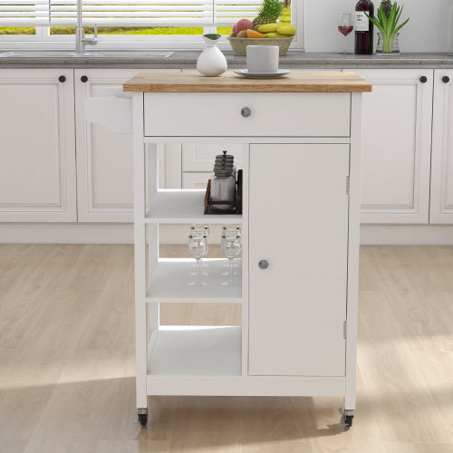 Mobile Rubber Wood Top Kitchen Island Cart With Towel Rack Lockable Universal Wheels