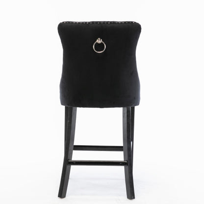 Contemporary Velvet Upholstered Barstools with Button Tufted Decoration and Wooden Legs, and Chrome Nailhead Trim, Leisure Style Bar Chairs,Bar stools, Set of 2 (Black)