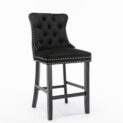 Contemporary Velvet Upholstered Barstools with Button Tufted Decoration and Wooden Legs, and Chrome Nailhead Trim, Leisure Style Bar Chairs,Bar stools, Set of 2 (Black)