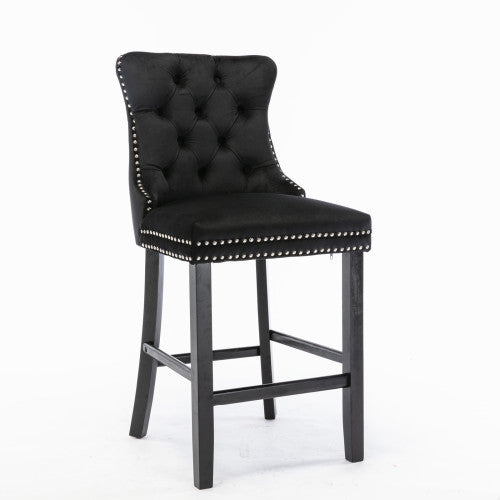 Contemporary Velvet Upholstered Barstools with Button Tufted Decoration and Wooden Legs, and Chrome Nailhead Trim, Leisure Style Bar Chairs,Bar stools, Set of 2 (Black)