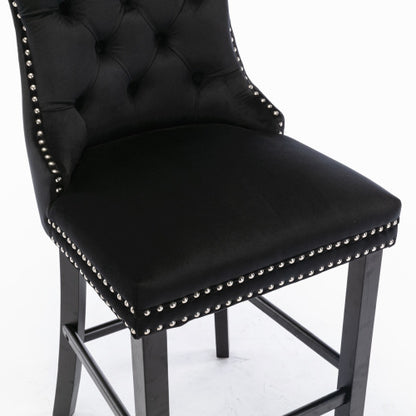 Contemporary Velvet Upholstered Barstools with Button Tufted Decoration and Wooden Legs, and Chrome Nailhead Trim, Leisure Style Bar Chairs,Bar stools, Set of 2 (Black)