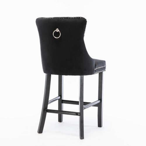Contemporary Velvet Upholstered Barstools with Button Tufted Decoration and Wooden Legs, and Chrome Nailhead Trim, Leisure Style Bar Chairs,Bar stools, Set of 2 (Black)