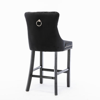 Contemporary Velvet Upholstered Barstools with Button Tufted Decoration and Wooden Legs, and Chrome Nailhead Trim, Leisure Style Bar Chairs,Bar stools, Set of 2 (Black)