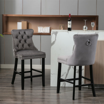 Set of 2 Gray Velvet Bar Stools, Mid-Century Solid Wood Bar Chairs with Chrome Nailhead
