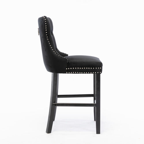 Contemporary Velvet Upholstered Barstools with Button Tufted Decoration and Wooden Legs, and Chrome Nailhead Trim, Leisure Style Bar Chairs,Bar stools, Set of 2 (Black)