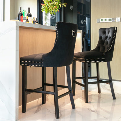 Contemporary Velvet Upholstered Barstools with Button Tufted Decoration and Wooden Legs, and Chrome Nailhead Trim, Leisure Style Bar Chairs,Bar stools, Set of 2 (Black)