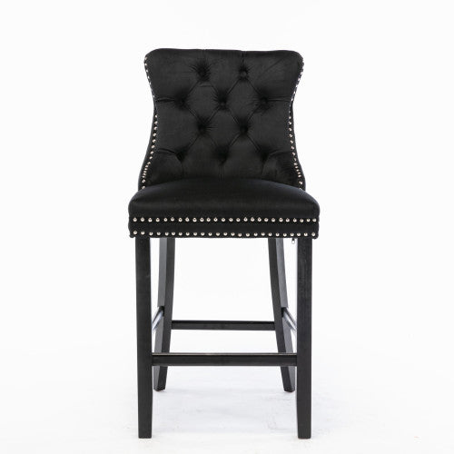 Contemporary Velvet Upholstered Barstools with Button Tufted Decoration and Wooden Legs, and Chrome Nailhead Trim, Leisure Style Bar Chairs,Bar stools, Set of 2 (Black)