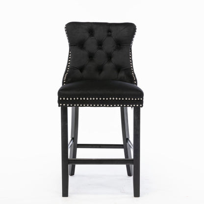 Contemporary Velvet Upholstered Barstools with Button Tufted Decoration and Wooden Legs, and Chrome Nailhead Trim, Leisure Style Bar Chairs,Bar stools, Set of 2 (Black)