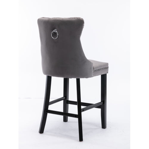 Set of 2 Gray Velvet Bar Stools, Mid-Century Solid Wood Bar Chairs with Chrome Nailhead