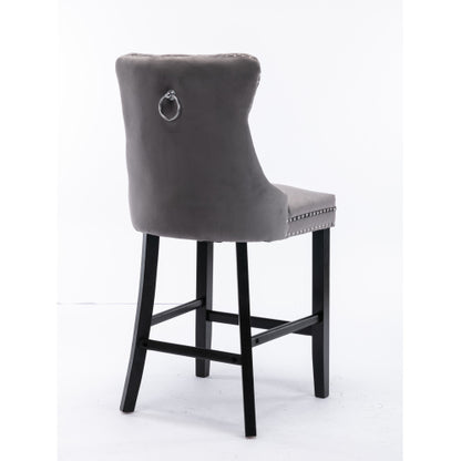 Set of 2 Gray Velvet Bar Stools, Mid-Century Solid Wood Bar Chairs with Chrome Nailhead
