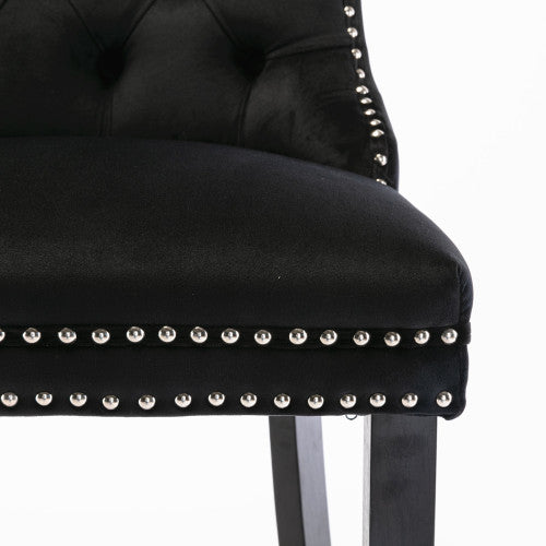 Contemporary Velvet Upholstered Barstools with Button Tufted Decoration and Wooden Legs, and Chrome Nailhead Trim, Leisure Style Bar Chairs,Bar stools, Set of 2 (Black)