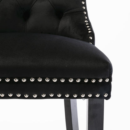 Contemporary Velvet Upholstered Barstools with Button Tufted Decoration and Wooden Legs, and Chrome Nailhead Trim, Leisure Style Bar Chairs,Bar stools, Set of 2 (Black)