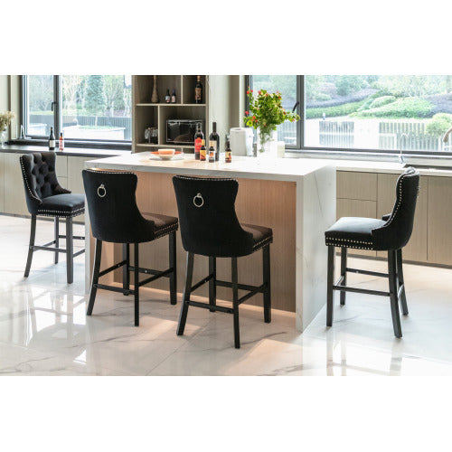 Contemporary Velvet Upholstered Barstools with Button Tufted Decoration and Wooden Legs, and Chrome Nailhead Trim, Leisure Style Bar Chairs,Bar stools, Set of 2 (Black)
