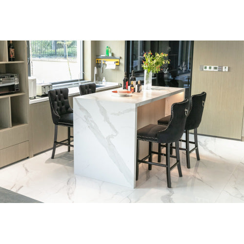 Contemporary Velvet Upholstered Barstools with Button Tufted Decoration and Wooden Legs, and Chrome Nailhead Trim, Leisure Style Bar Chairs,Bar stools, Set of 2 (Black)