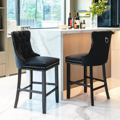 Contemporary Velvet Upholstered Barstools with Button Tufted Decoration and Wooden Legs, and Chrome Nailhead Trim, Leisure Style Bar Chairs,Bar stools, Set of 2 (Black)