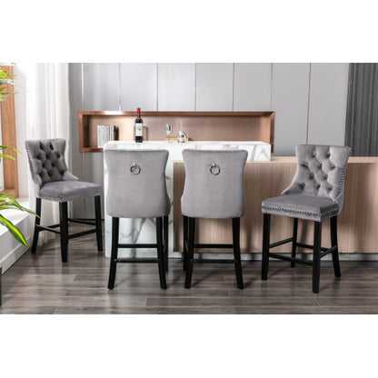 Set of 2 Gray Velvet Bar Stools, Mid-Century Solid Wood Bar Chairs with Chrome Nailhead