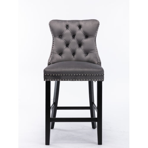 Set of 2 Gray Velvet Bar Stools, Mid-Century Solid Wood Bar Chairs with Chrome Nailhead