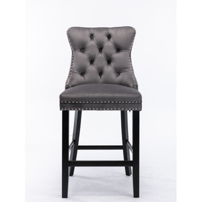 Set of 2 Gray Velvet Bar Stools, Mid-Century Solid Wood Bar Chairs with Chrome Nailhead