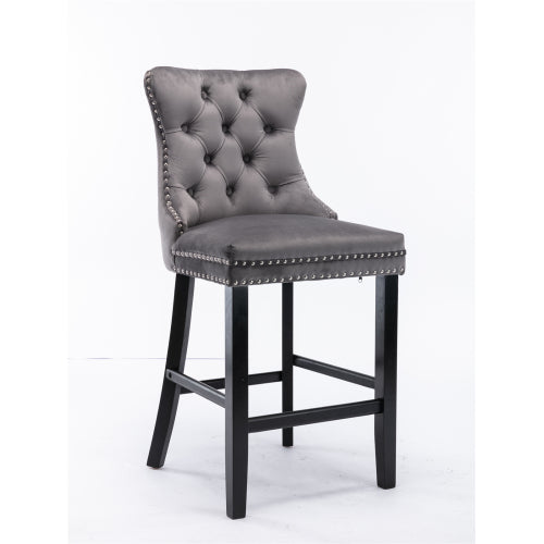 Set of 2 Gray Velvet Bar Stools, Mid-Century Solid Wood Bar Chairs with Chrome Nailhead