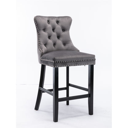 Set of 2 Gray Velvet Bar Stools, Mid-Century Solid Wood Bar Chairs with Chrome Nailhead