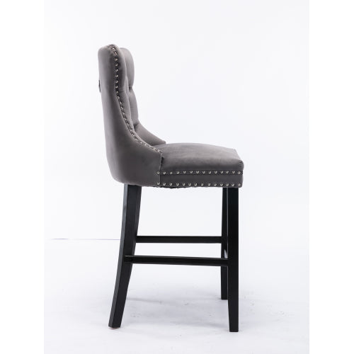 Set of 2 Gray Velvet Bar Stools, Mid-Century Solid Wood Bar Chairs with Chrome Nailhead