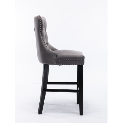 Set of 2 Gray Velvet Bar Stools, Mid-Century Solid Wood Bar Chairs with Chrome Nailhead