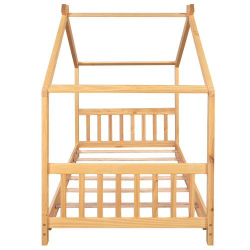 Twin Size House Platform Bed with Headboard and Footboard,Roof Design,Natural