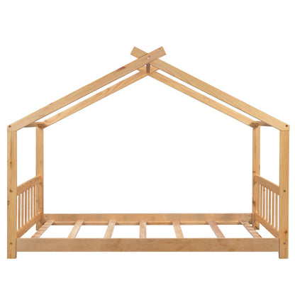 Twin Size House Platform Bed with Headboard and Footboard,Roof Design,Natural