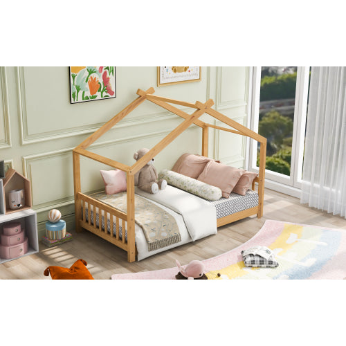 Twin Size House Platform Bed with Headboard and Footboard,Roof Design,Natural