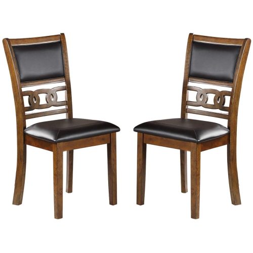 Set of 2 Walnut Finish Rubberwood Side Dining Chairs, Fabric Cushioned Seat, Knot Unique Back Kitchen Chairs