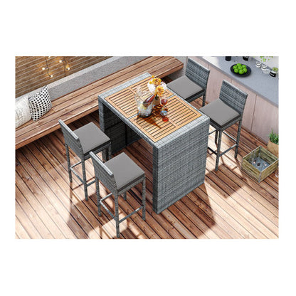 5-pieces Outdoor Patio Wicker Bar Set, Bar Height Chairs With Non-Slip Feet And Fixed Rope, Removable Cushion, Acacia Wood Table Top, Brown Wood And Gray Wicker