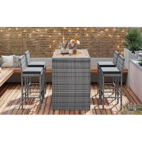 5-pieces Outdoor Patio Wicker Bar Set, Bar Height Chairs With Non-Slip Feet And Fixed Rope, Removable Cushion, Acacia Wood Table Top, Brown Wood And Gray Wicker