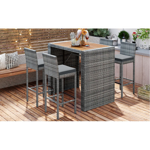 5-pieces Outdoor Patio Wicker Bar Set, Bar Height Chairs With Non-Slip Feet And Fixed Rope, Removable Cushion, Acacia Wood Table Top, Brown Wood And Gray Wicker