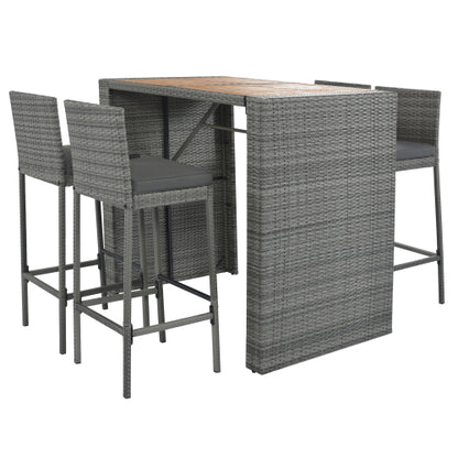 5-pieces Outdoor Patio Wicker Bar Set, Bar Height Chairs With Non-Slip Feet And Fixed Rope, Removable Cushion, Acacia Wood Table Top, Brown Wood And Gray Wicker