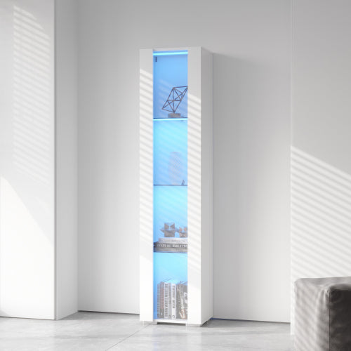 White Tall Side Cabinet with Blue LED Strip Lights 40 Inch High Storage Lamp Furniture