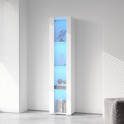 White Tall Side Cabinet with Blue LED Strip Lights 40 Inch High Storage Lamp Furniture