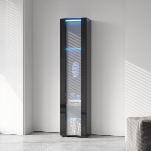 Black Tall Side Cabinet with Blue LED Strip Lights 40 Inch High Storage Lamp Furniture