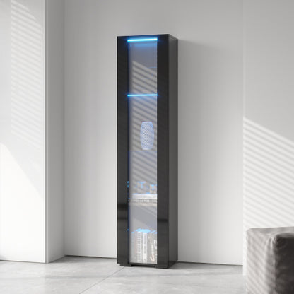 Black Tall Side Cabinet with Blue LED Strip Lights 40 Inch High Storage Lamp Furniture