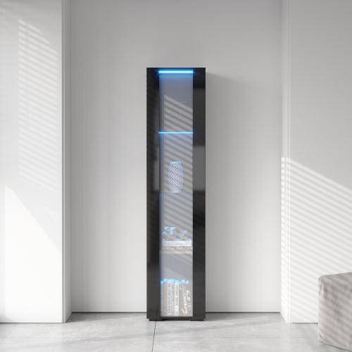 Black Tall Side Cabinet with Blue LED Strip Lights 40 Inch High Storage Lamp Furniture