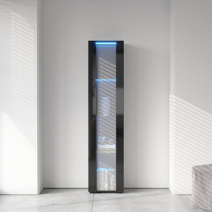 Black Tall Side Cabinet with Blue LED Strip Lights 40 Inch High Storage Lamp Furniture