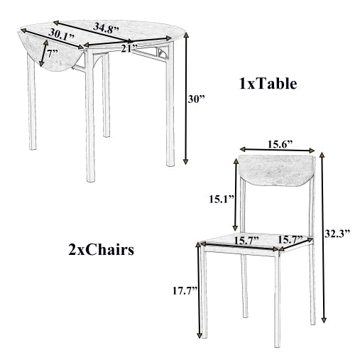 3-Piece Black Frame Round Drop Leaf Dining Set, 2 Chairs