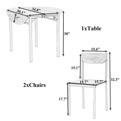 3-Piece Black Frame Round Drop Leaf Dining Set, 2 Chairs