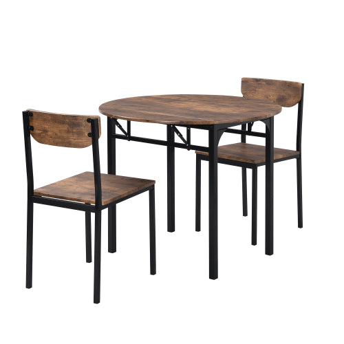 3-Piece Black Frame Round Drop Leaf Dining Set, 2 Chairs