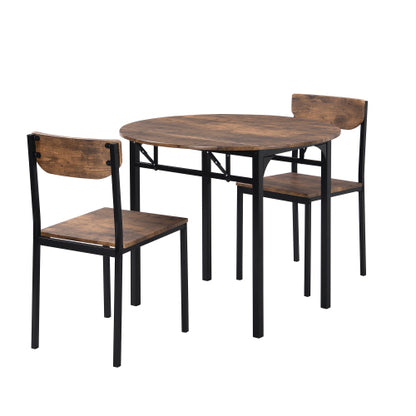 3-Piece Black Frame Round Drop Leaf Dining Set, 2 Chairs