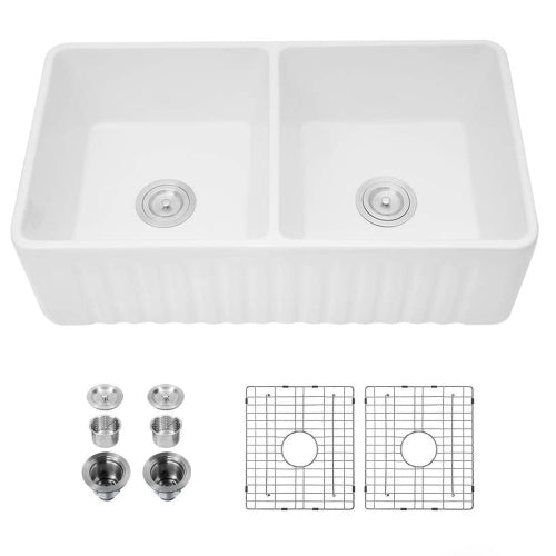 Ceramic White 33*18*10" Kitchen Double Basin Farmhouse Sink Rectangular Vessel Sink