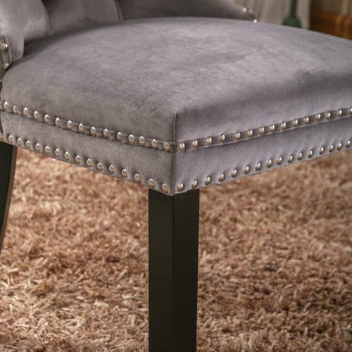 Single Gray Tufted Velvet Dining Chair, Solid Wood Frame & Wood Legs, Nailhead Trim, 300lbs Capacity