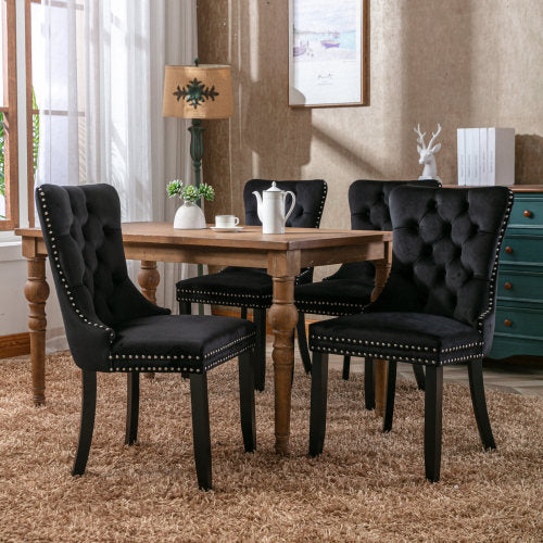 Modern, High-end Tufted Solid Wood Contemporary Velvet Upholstered Dining Chair with Wood Legs Nailhead Trim 2-Pcs Set, Black